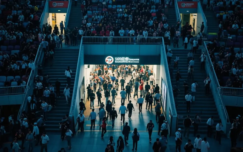 赛事散场人流与地铁站口分流的错峰出行示意