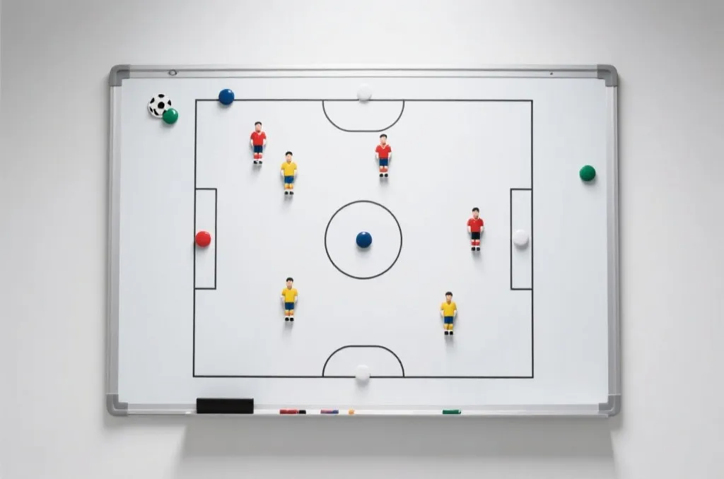 Tactical planning board for soccer with magnetic pieces and strategy diagrams