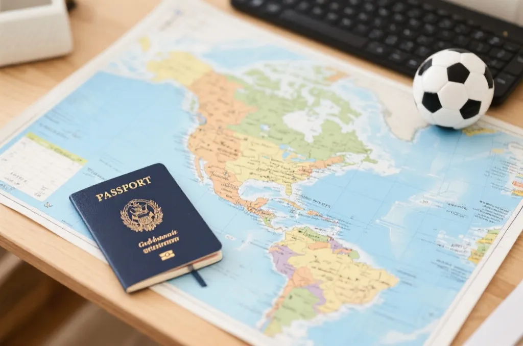 A travel planning desk with a map of North America, generic passport notebook, and a mini soccer ball, flatlay editorial style